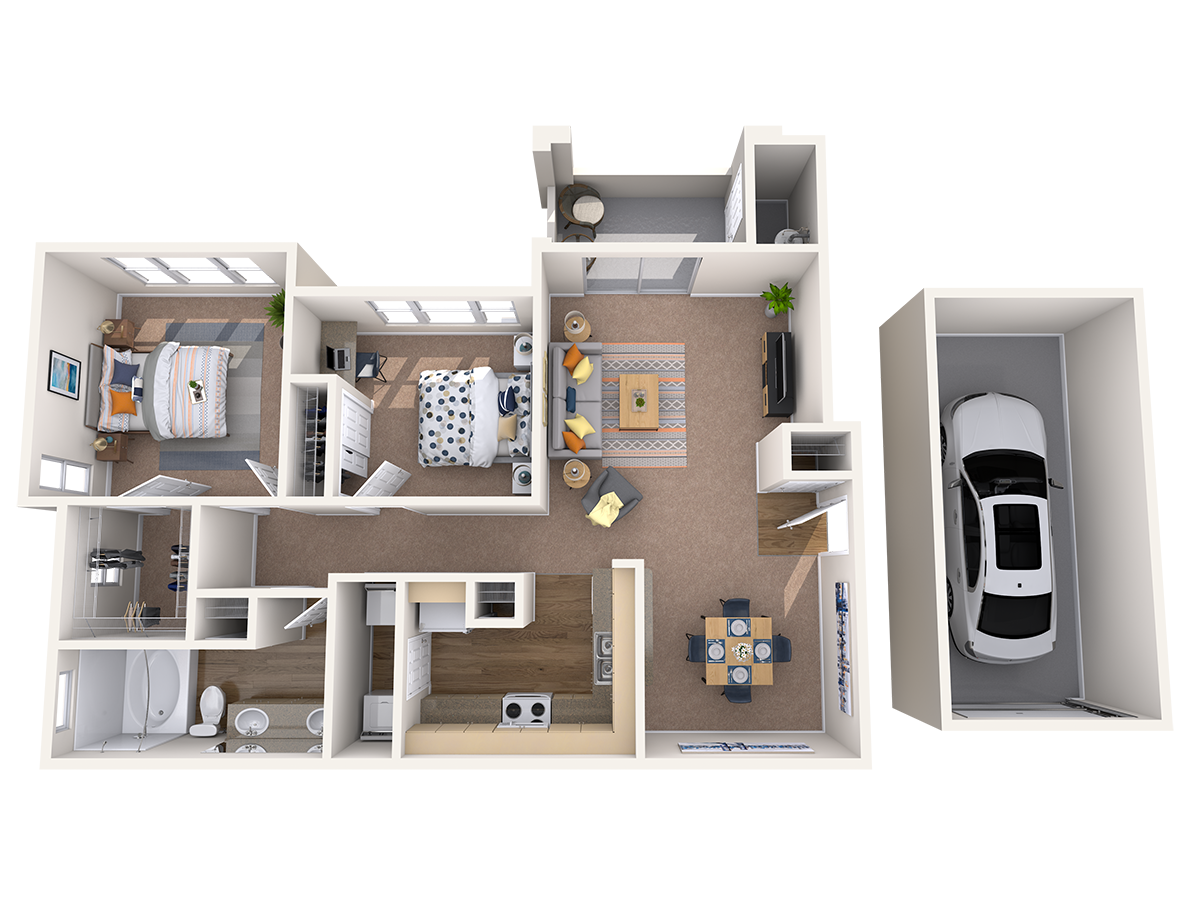Floor plan for 2 beds, 1 bath, 970 sqft